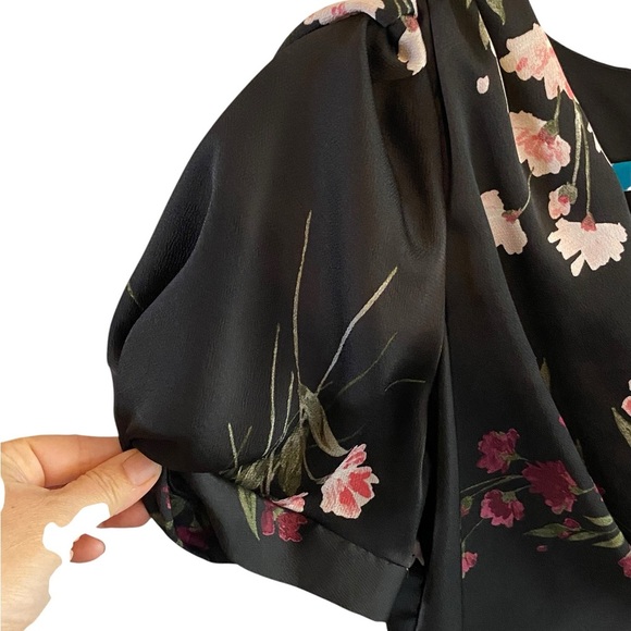 DKNY Black & Pink Floral puff sleeve Midi Dress classic - Picture 3 of 7